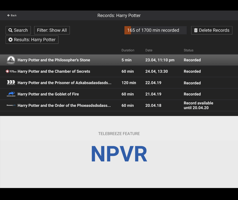 nPVR Personal Video Recorder) in Telebreeze Multiplatform Player